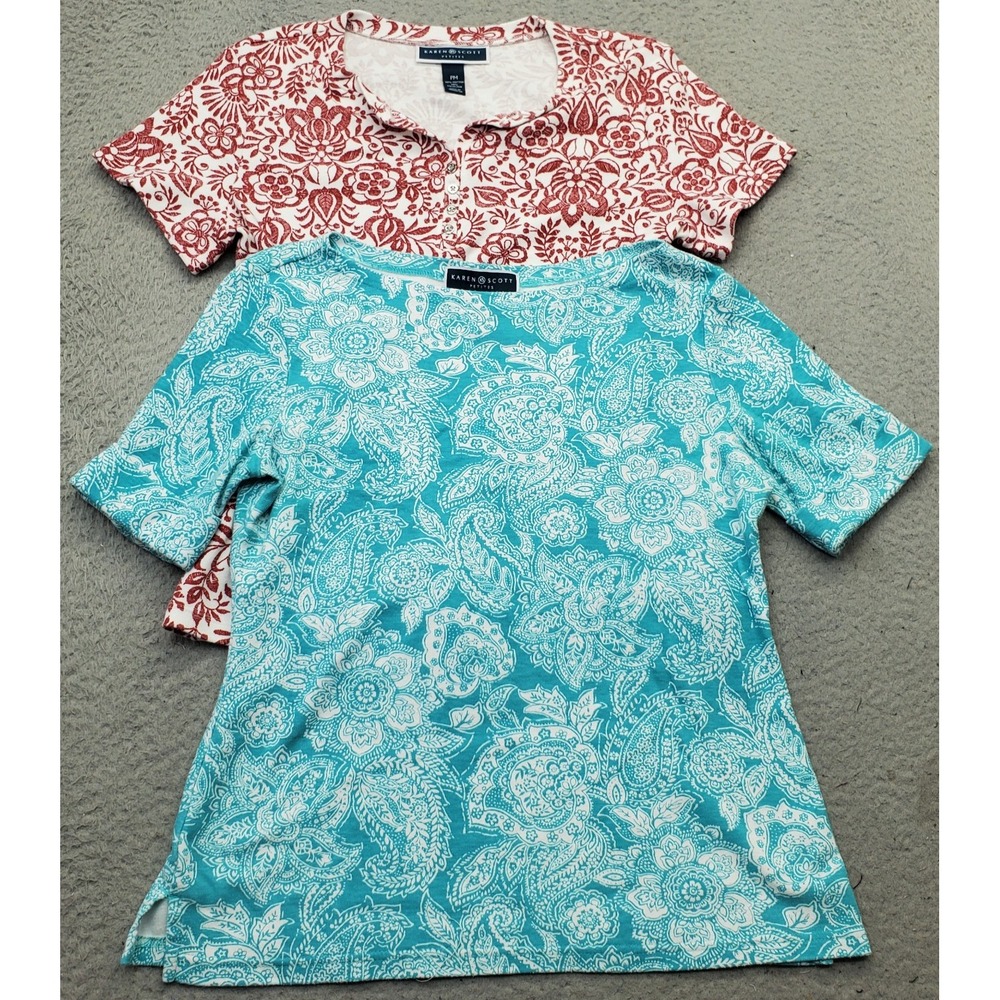 Lot of 2 Karen Scott T-Shirt Women PM Multi Floral Rolled Sleeve Round Neck Slit